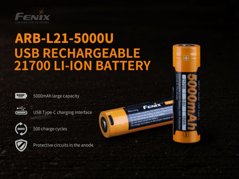 Batteria ricaricabile Fenix 21700 5000 mAh con USB-C (Li-Ion)