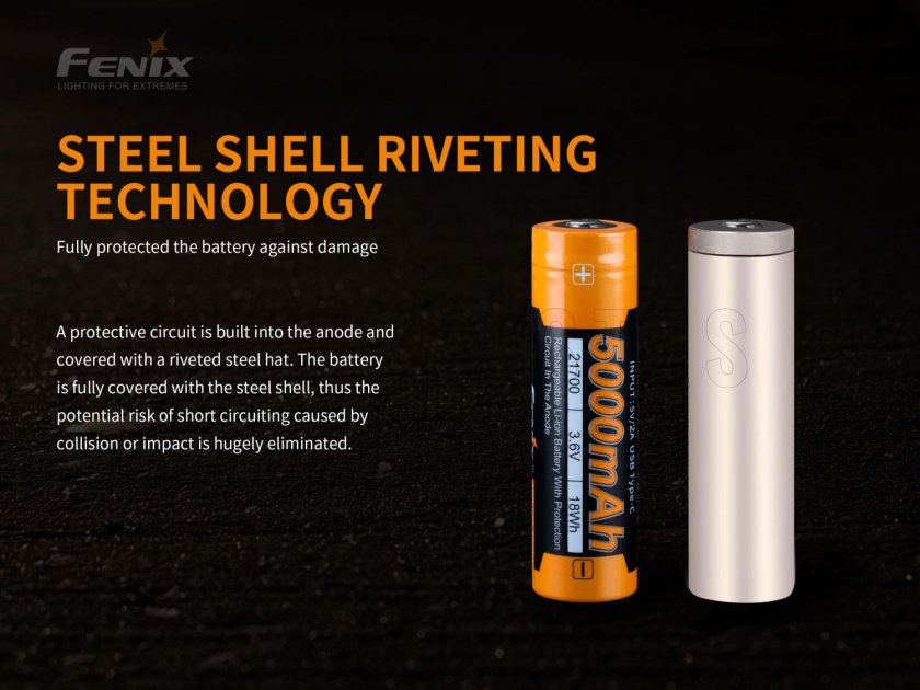 Batteria ricaricabile Fenix 21700 5000 mAh con USB-C (Li-Ion)