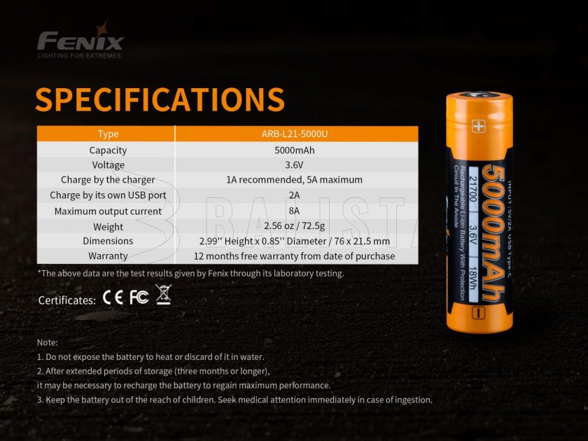 Batteria ricaricabile Fenix 21700 5000 mAh con USB-C (Li-Ion)