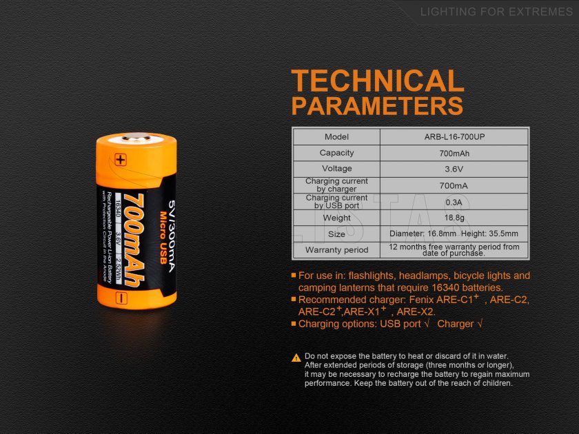 Batteria ricaricabile USB Fenix RCR123A/16340 (Li-ion)