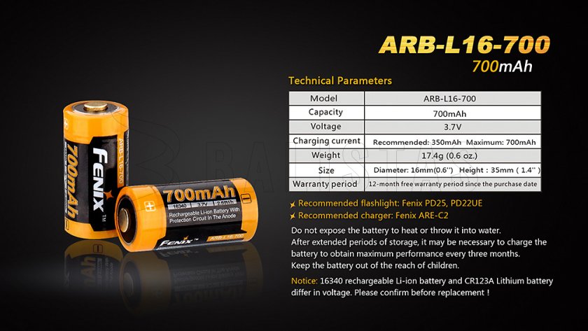Batteria ricaricabile Fenix RCR123A/16340 (Li-Ion)