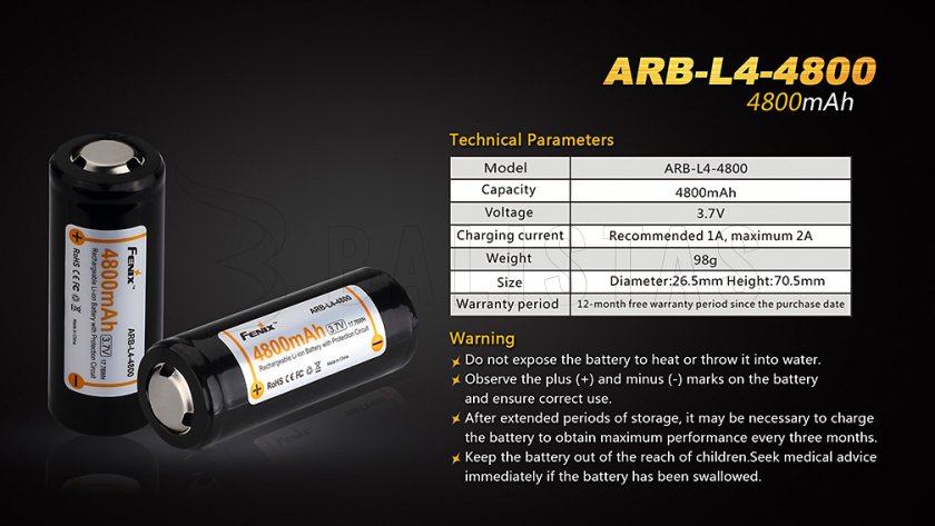 Batteria ricaricabile Fenix 26650 4800 mAh (Li-Ion)