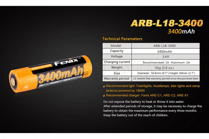 Batteria ricaricabile Fenix 18650 3400 mAh (Li-ion)